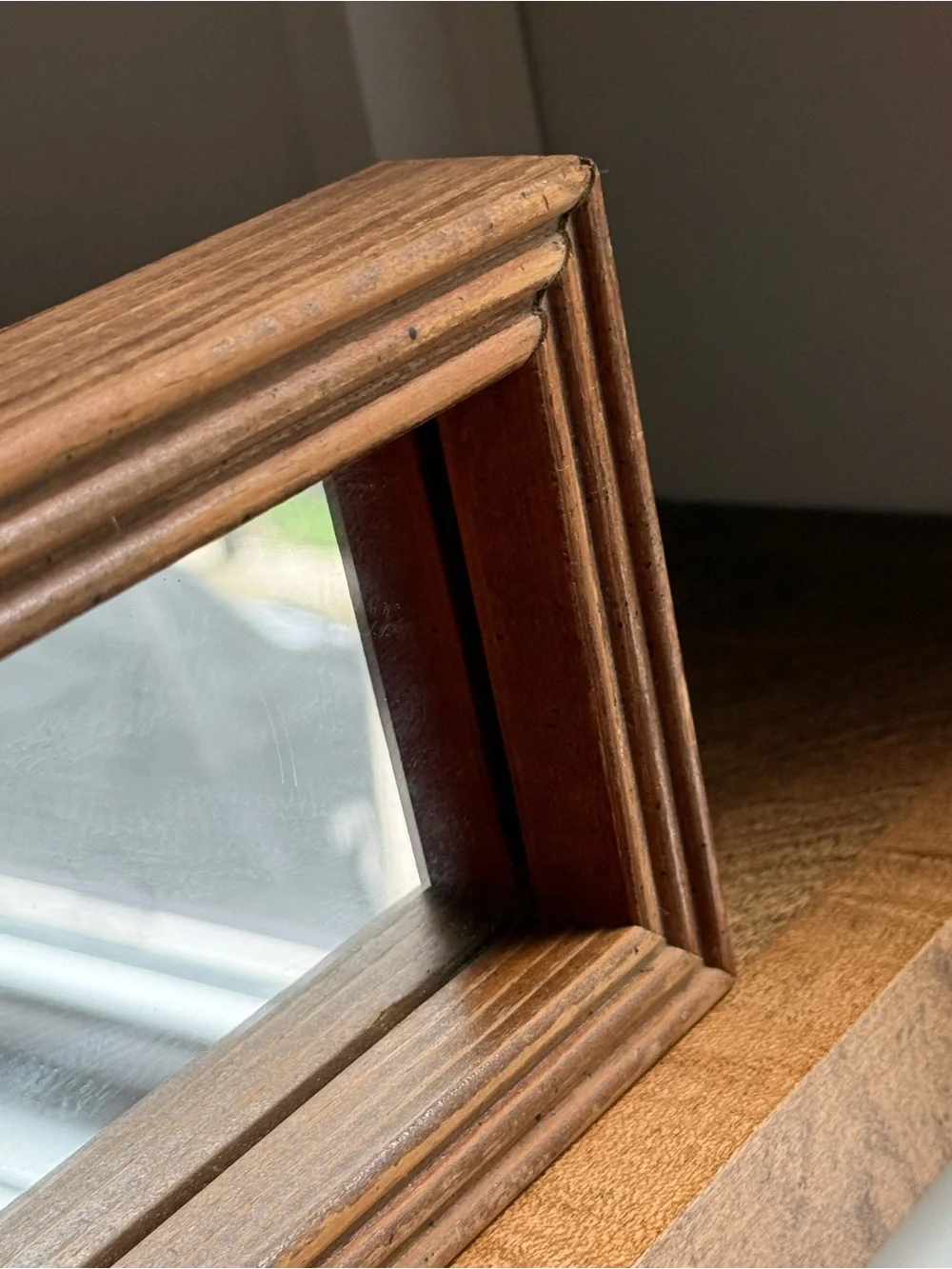 Vintage MCM Narrow Rectangular Accent Mirror, Brown Wood Frame